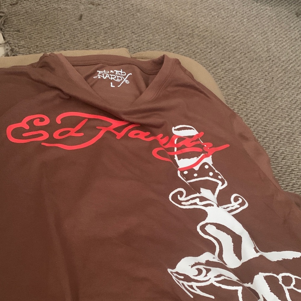 Ed Hardy Chocolate Tee with Vibrant Red and White Graphics